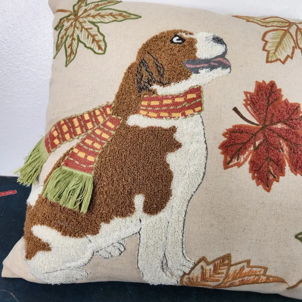 Pier 1 Couch Square Cushion Pillow Fall Leaf Dog with Scarf Textured 16in x 16in